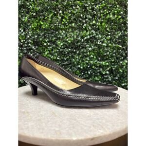 Tods Square Toe Kitten Heel Pumps black white stitch size 6.5